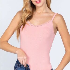 Pink Lace Trim Ribbed Tank Top